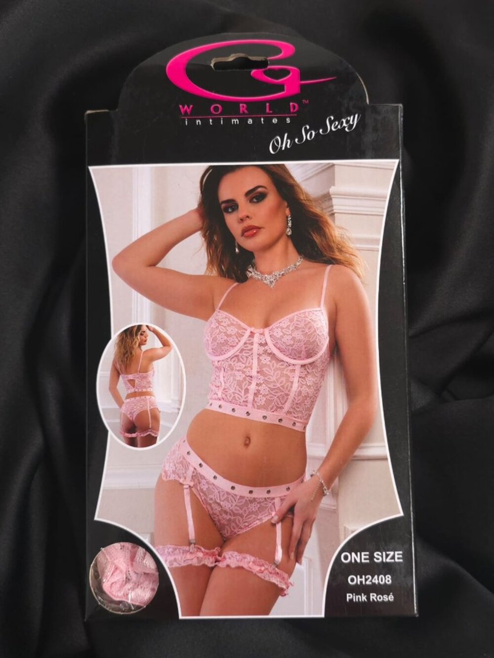 G WORLD Intimates Pink Rosé 3-Piece Studded Lace Bustier Garter Set